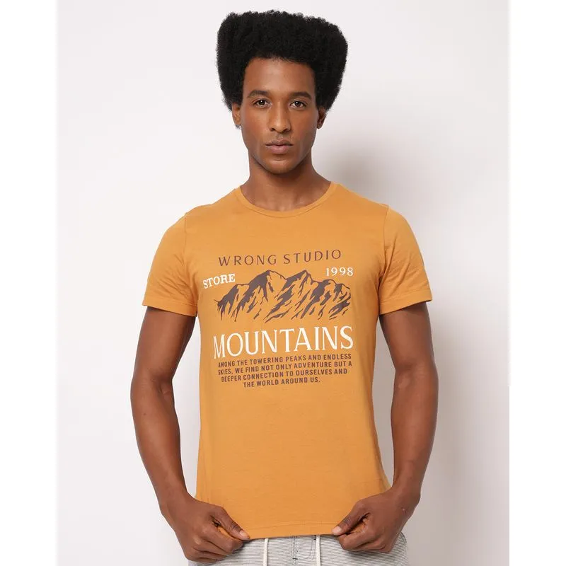 Camiseta Masculina Algodão Estampa Frontal Manga Curta Mostarda P