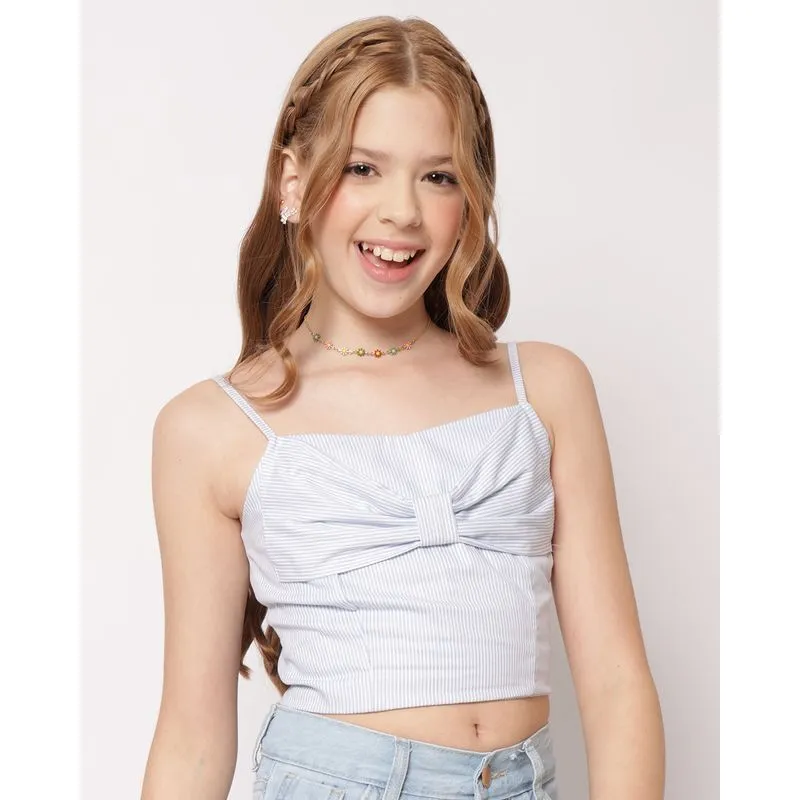 Regata Juvenil Algodão Cropped com Laço Listrada Azul 12