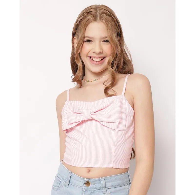 Regata Juvenil Algodão Cropped com Laço Listrada Rosa 14