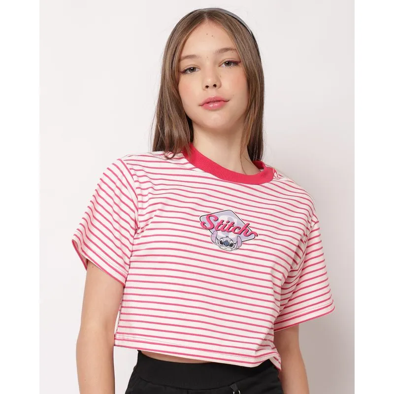 Camiseta Juvenil Cropped Disney Stitch Listrada Rosa 10