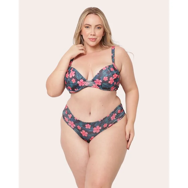 Biquini Plus Size Calcinha Bombom Estampada Floral Marinho 46