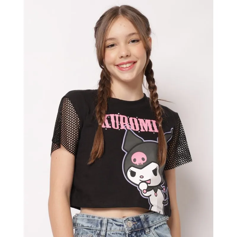 Blusa Juvenil Cropped Algodão Kuromi Manga Telada Preta 12