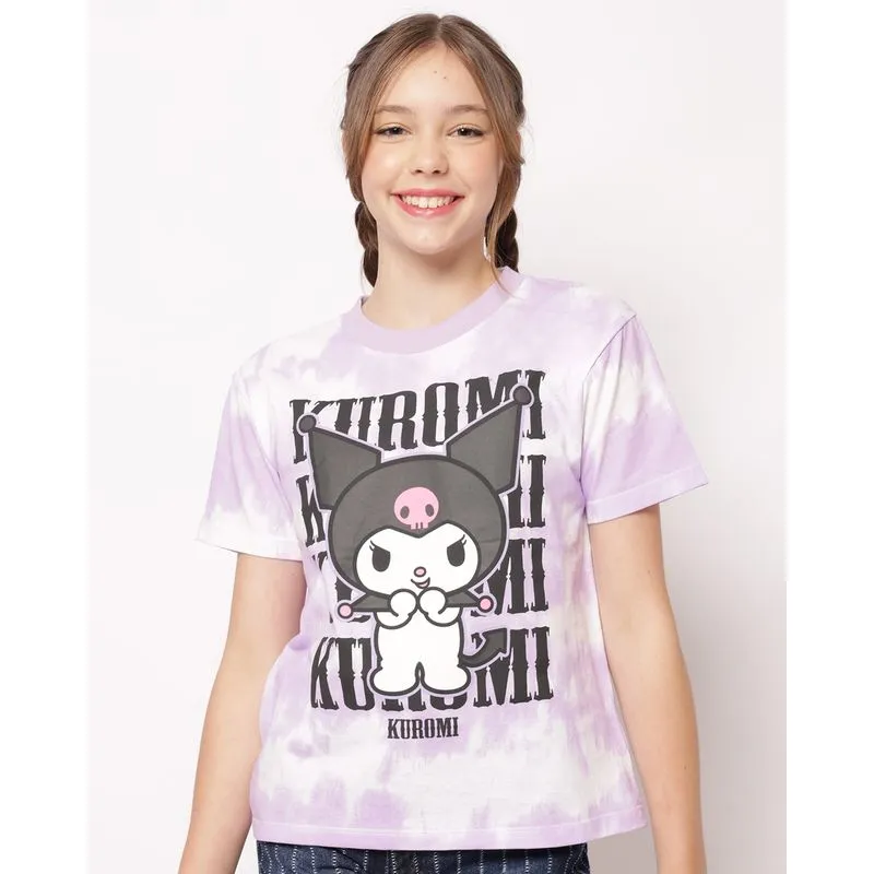 Camiseta Juvenil Algodão Tie Dye Kuromi Manga Curta Lilás 10