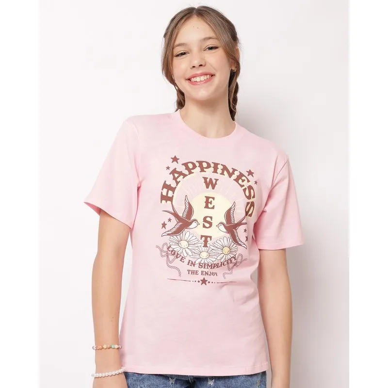 Camiseta Juvenil Oversized Algodão com Estampa Manga Curta Rosa 16