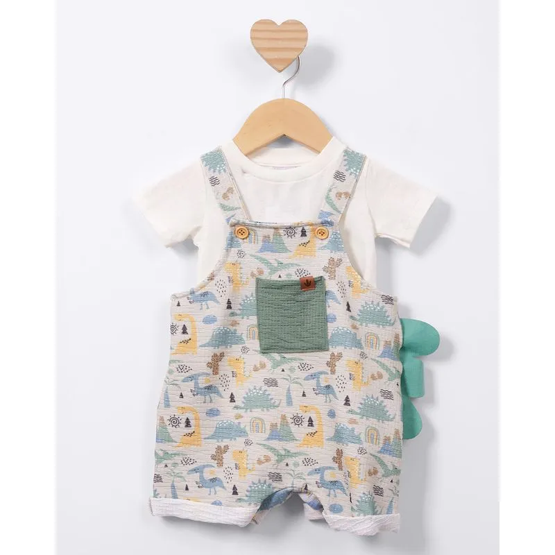 Conjunto Jardineira Bebê Algodão Estampada Interativa com Bolso Bege G