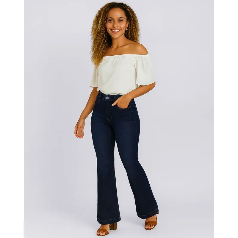 Calça Jeans Feminina Flare com Bolsos Azul 42