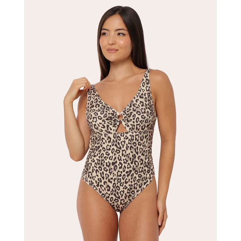 Maiô Feminino Estampado Animal Print com Decote Bege GG