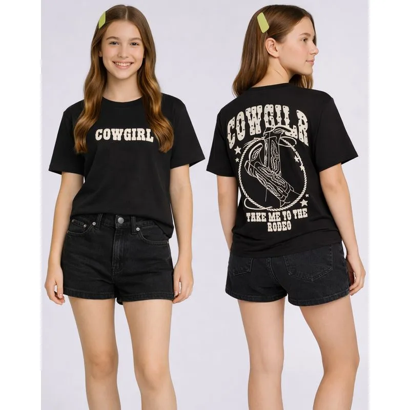 Camiseta Juvenil Algodão Estampa Cowgirl Preta 14
