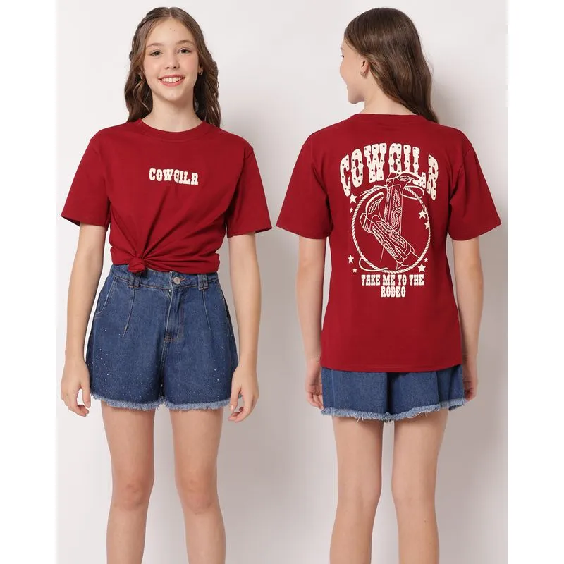 Camiseta Juvenil Algodão Estampa Cowgirl Manga Curta Vinho 12