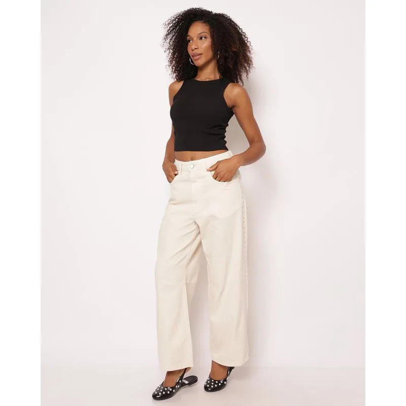 Calça Sarja Feminina Baggy com Aplicação Tachas Off White 40