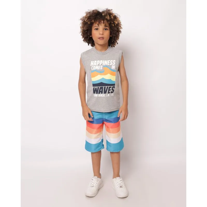 Bermuda Infantil Reta Microfibra Listrada Azul 4