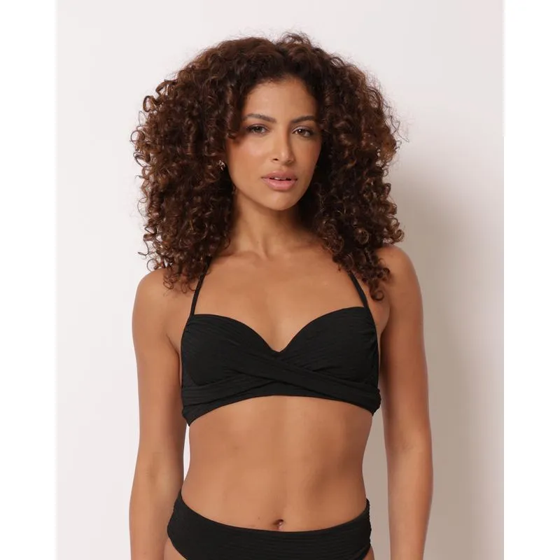 Biquini Top Feminino com Bojo Texturizado Transpassado Preto M