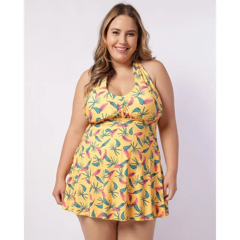Saída de Praia Maiô Plus Size Sobreposição Estampado Amarelo 52