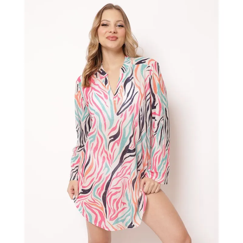 Saída de Praia Vestido Feminino Estampado Decote V Off White GG