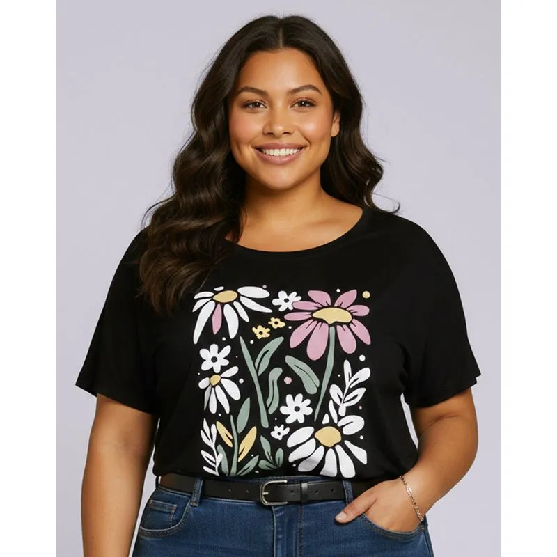 Blusa Plus Size Feminina Estampa Silk Frontal Preta G2