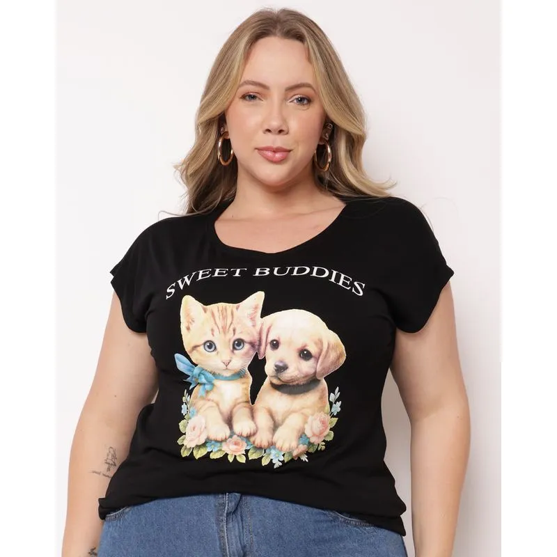 Blusa Plus Size Feminina com Estampa Bichinhos Preta G5