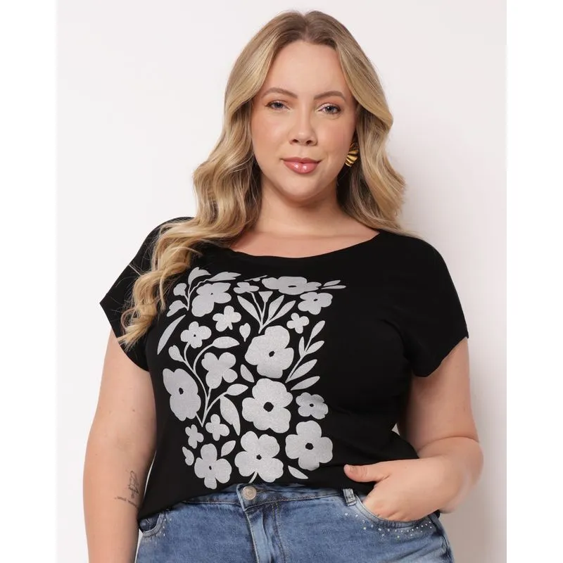 Blusa Plus Size Feminina com Estampa Floral com Glitter Preta G4