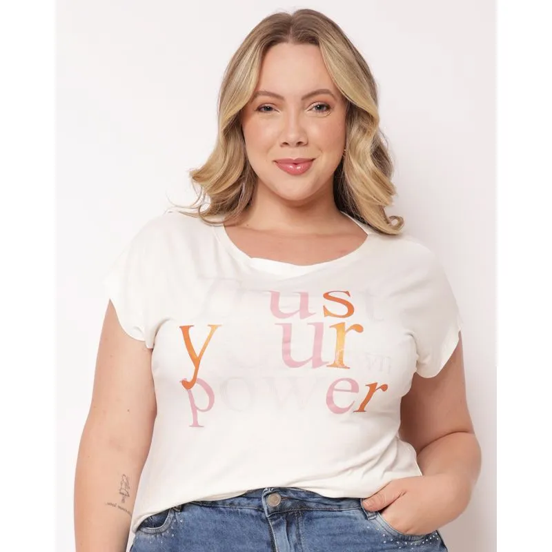 Blusa Plus Size Feminina com Estampa Frontal Manga Curta Off White G4
