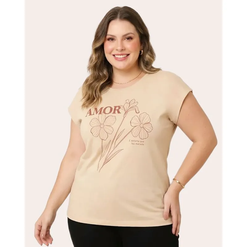 Blusa Plus Size Feminina Estampa com Strass Bege G2