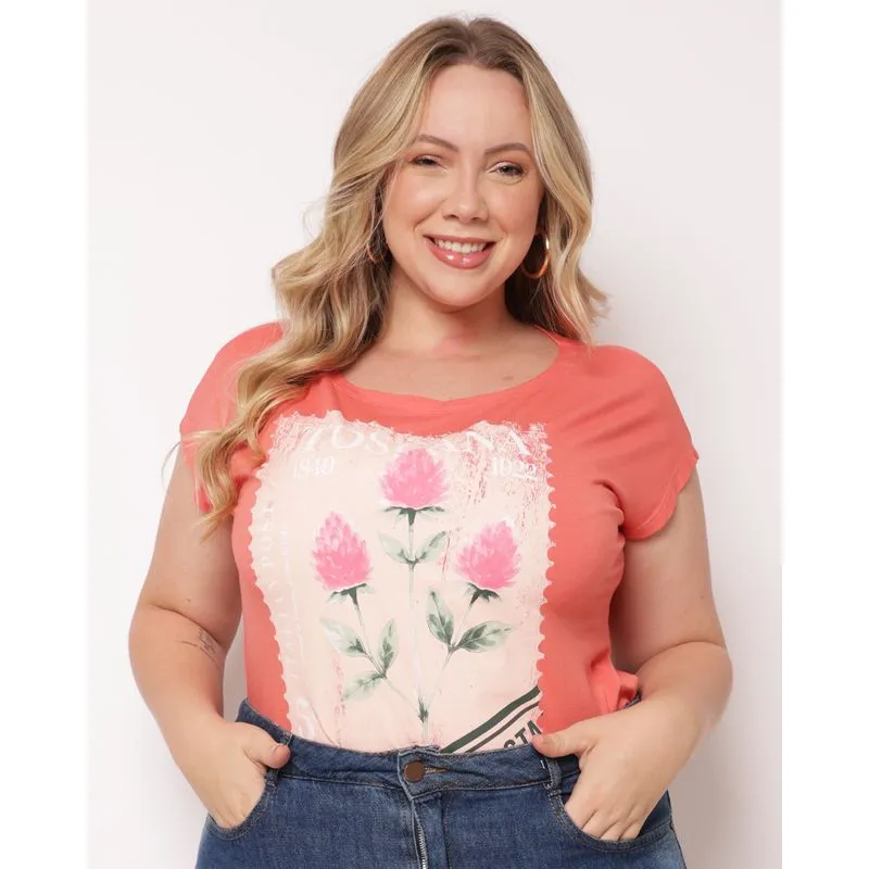Blusa Plus Size Feminina com Estampa Frontal Laranja G5