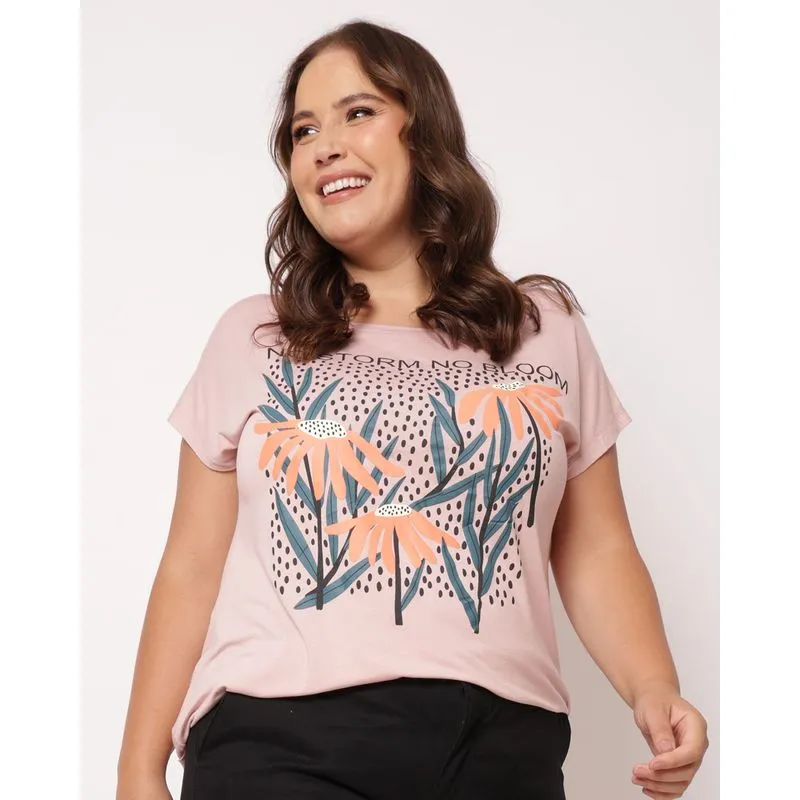 Blusa Plus Size Feminina Estampa Manga Curta Rosa G3