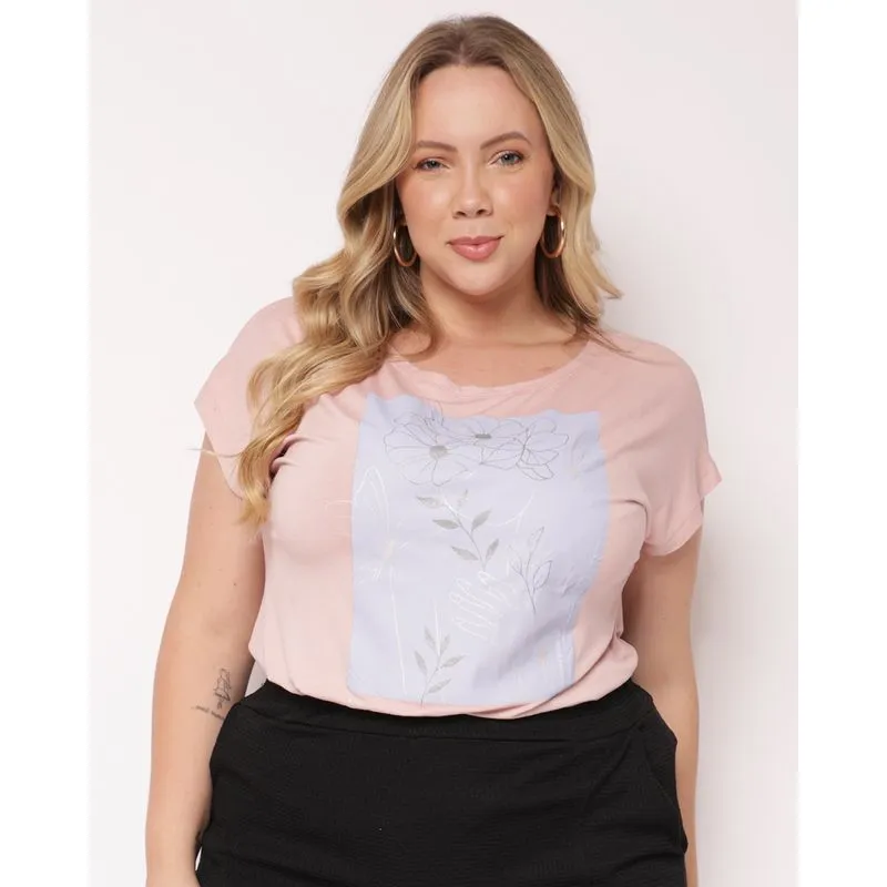 Blusa Plus Size Feminina com Estampa Floral Rosa G2