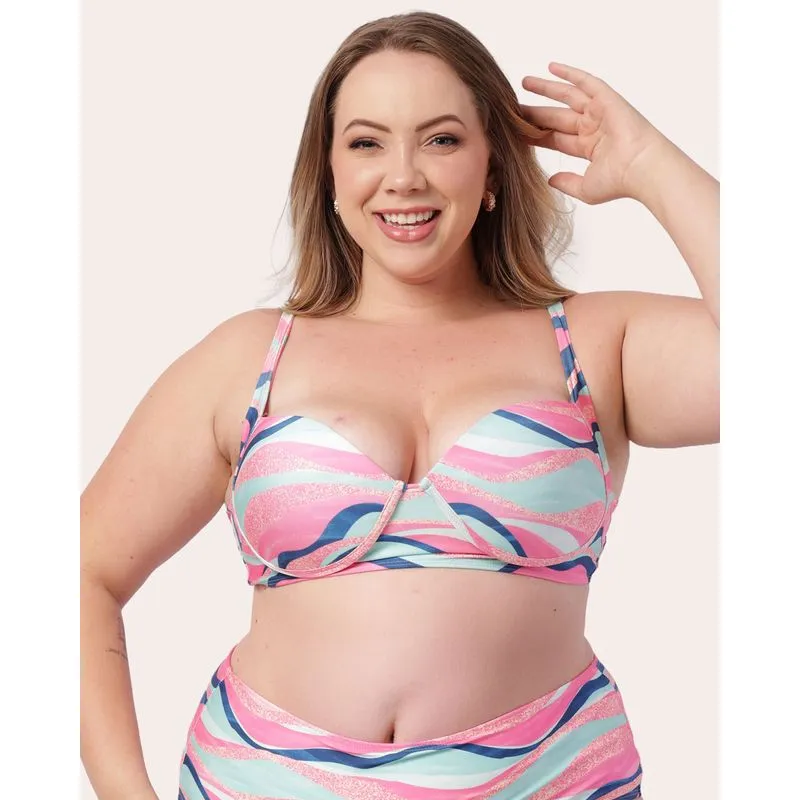 Biquíni Plus Size Feminino Top com Bojo Estampado Rosa 50