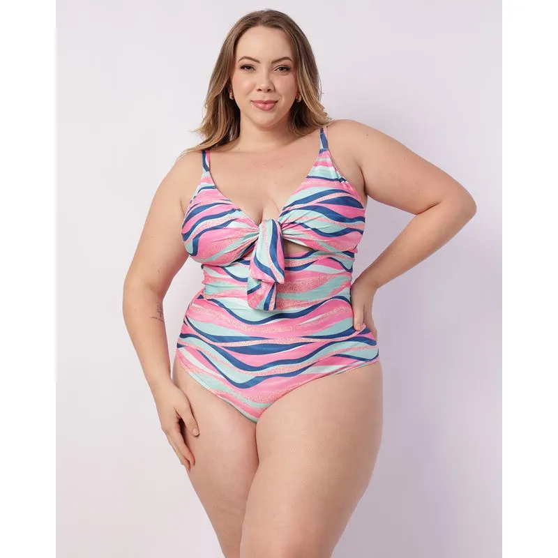 Maiô Plus Size Feminino Amarração com Bojo Estampado Rosa 48