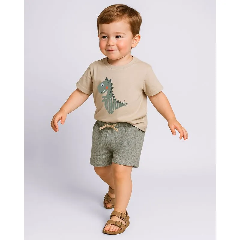Conjunto Bebê Curto Algodão com Estampa Dinossauro Bege 1