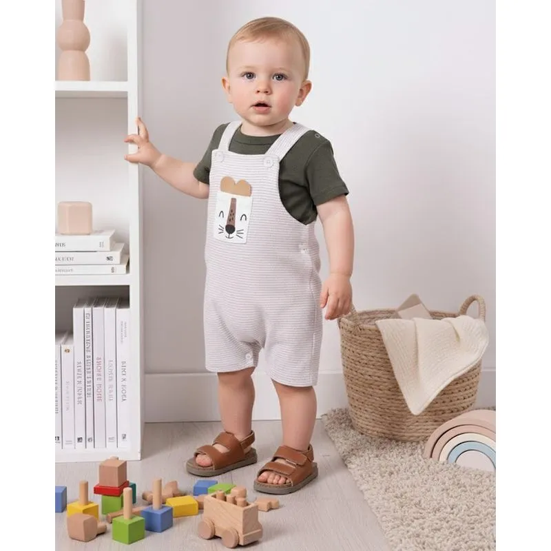 Conjunto Jardineira Bebê Curta Listrada Estampa Interativa Coelhinho Off White G