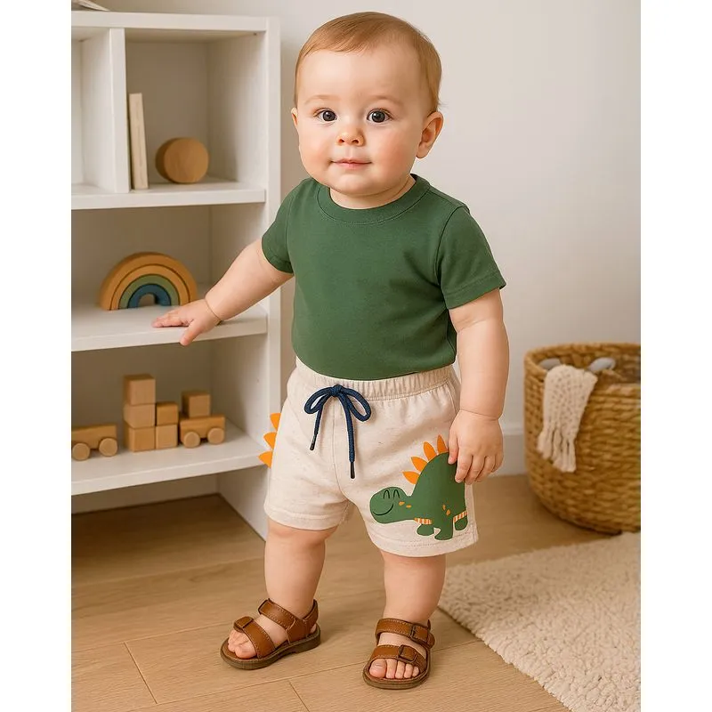 Bermuda Bebê Reta Moletinho Estampa Interativa Dinossauro Off White M