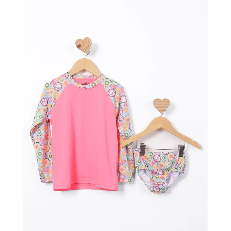 Conjunto Praia Infantil Manga Longa + Calcinha Biquini Proteção UV50+ Rosa 4