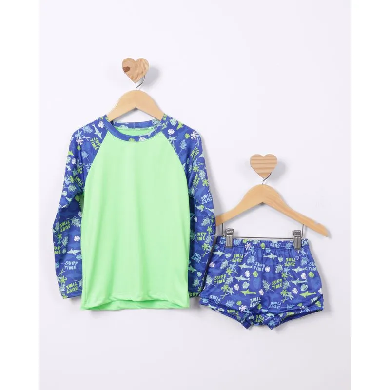 Conjunto Infantil Praia Camiseta + Sunga Boxer Proteção UV50+ Verde 8