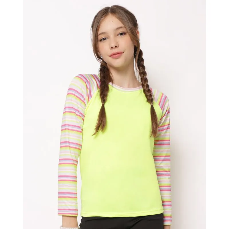 Blusa Proteção UV Juvenil Manga Longa Raglan Listrada Neon Amarelo 14