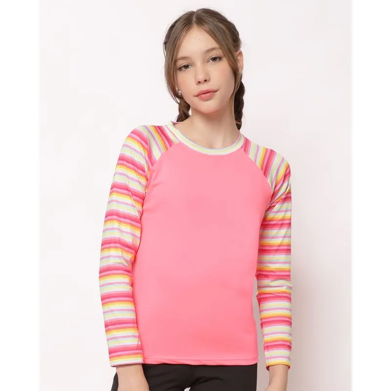 Blusa Proteção UV Juvenil Manga Longa Raglan Listrada Rosa 12