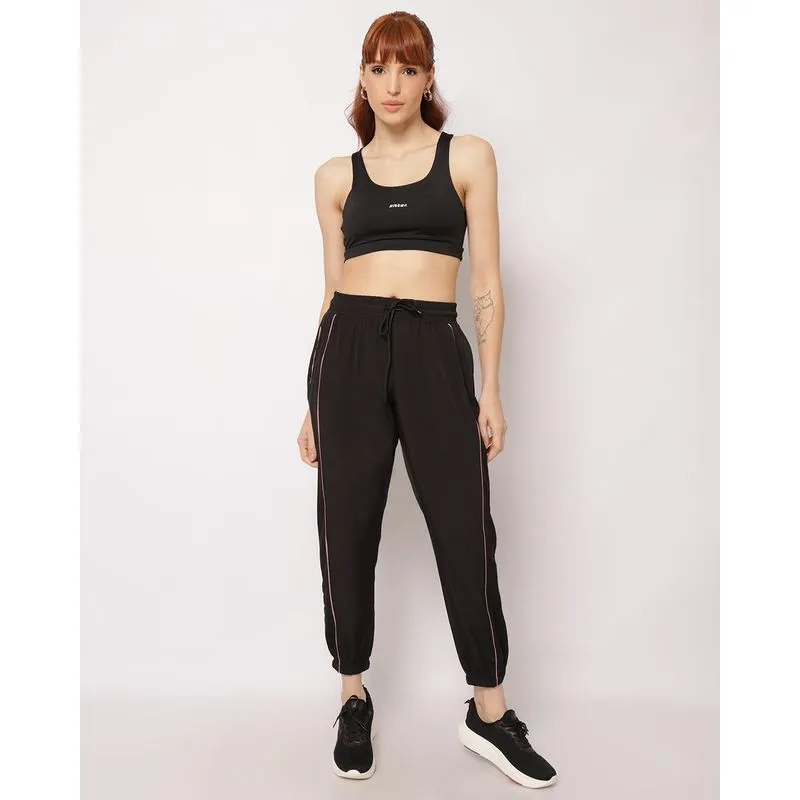 Calça Fitness Feminina Jogger Cós com Elástico Listras Preta GG