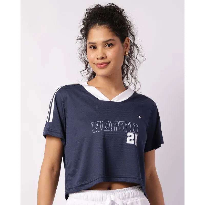 Camiseta Fitness Feminina Cropped Dry Fit Decote V com Estampa Marinho XG