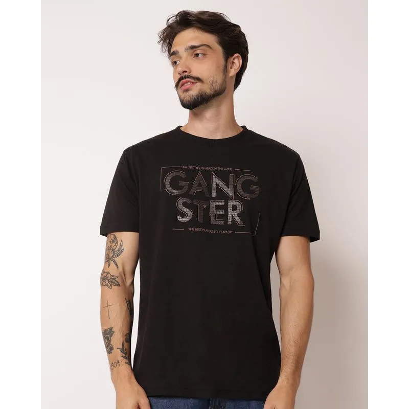 Camiseta Masculina Algodão Gangster com Estampa Preta GG