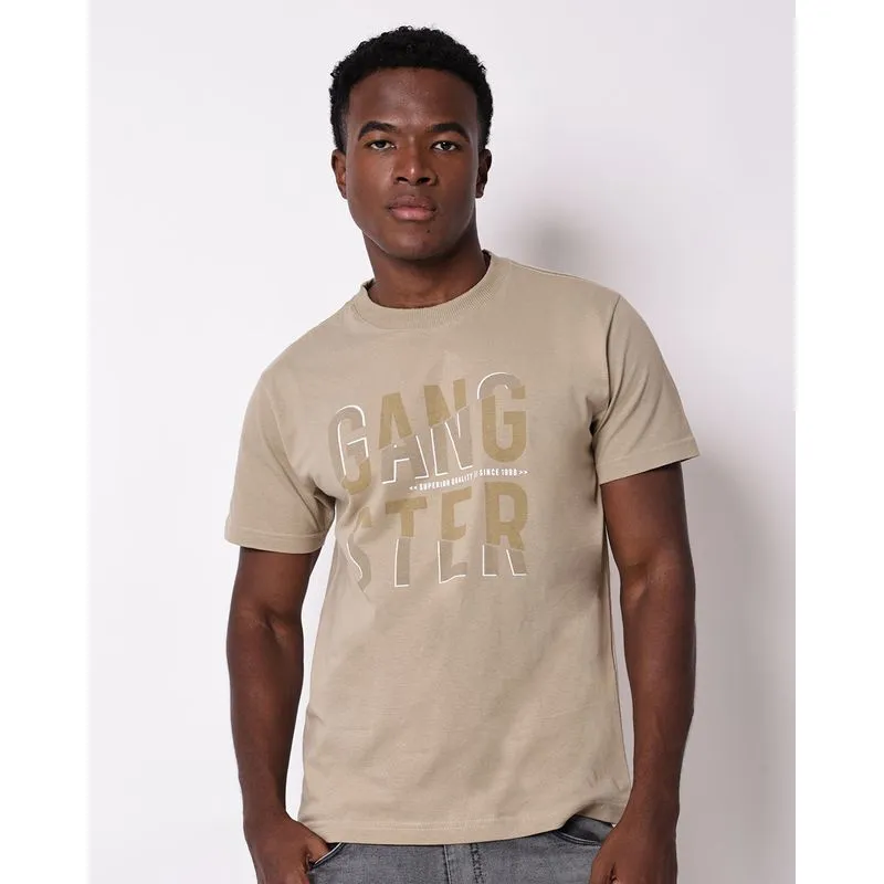 Camiseta Masculina Gangster Algodão Estampa Frontal Bege PP