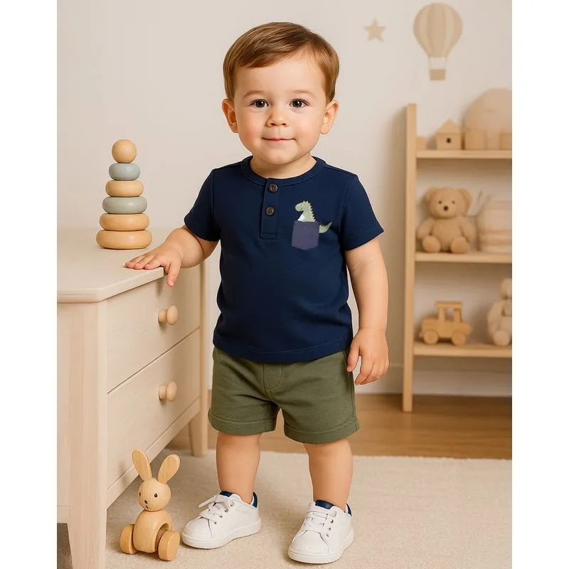 Camiseta Bebê Algodão Estampa Dinossauro Manga Curta Marinho G