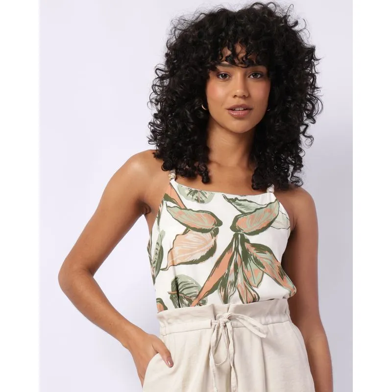 Blusa Feminina Alcinha Viscose Ajustável Estampada Bege P