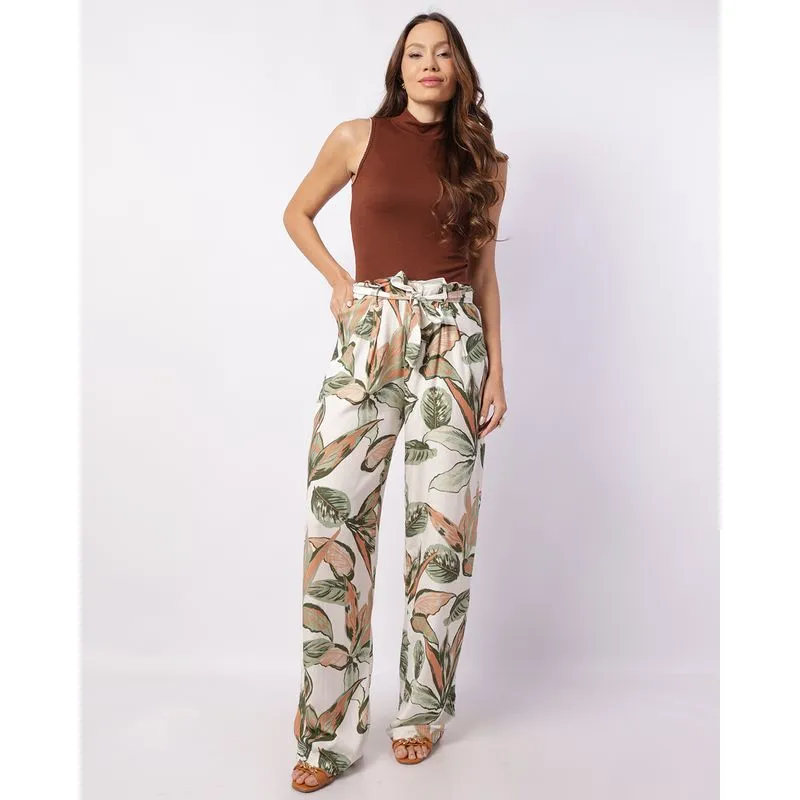 Calça Feminina Pantalona Viscose Estampada Floral Off White P