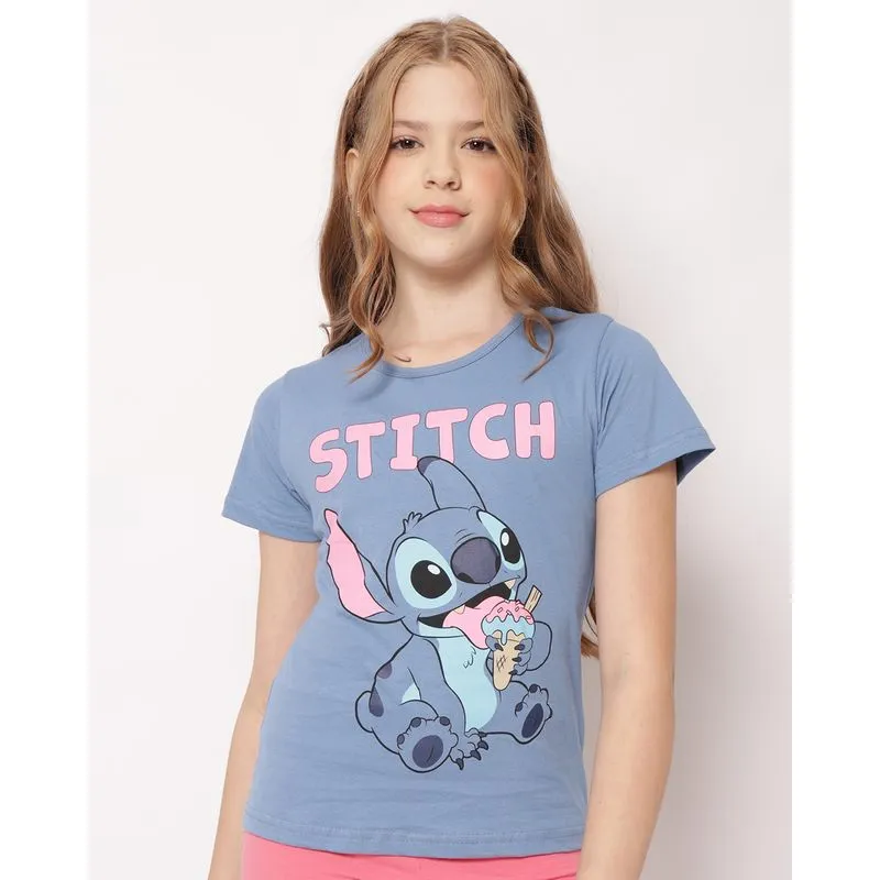 Camiseta Juvenil Algodão Disney Stitch com Estampa Azul 12