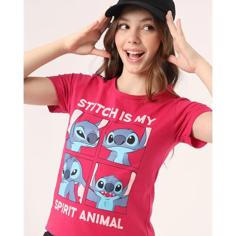 Camiseta Juvenil Algodão Disney Stitch Rosa Escuro 4
