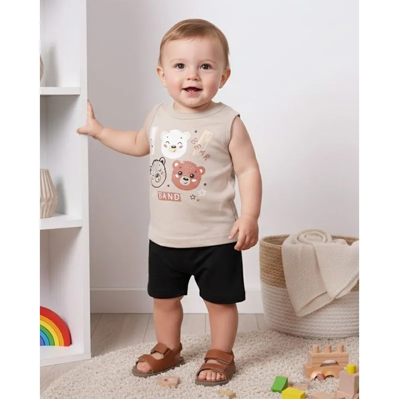 Conjunto Bebê Curto Regata Algodão com Estampa Ursinhos Bege M