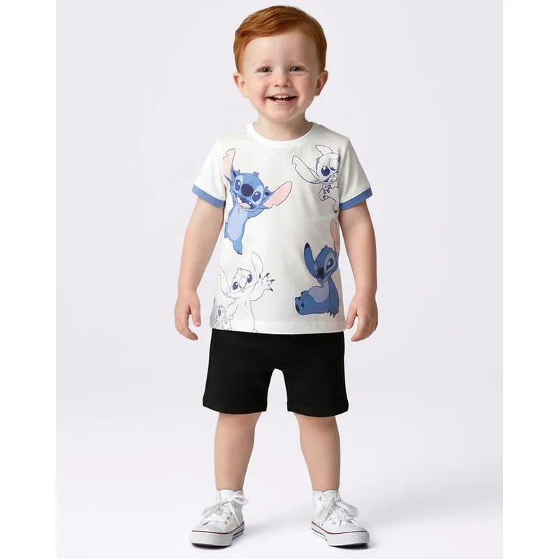 Camiseta Bebê Algodão Disney Stitch Manga Curta Off White 1