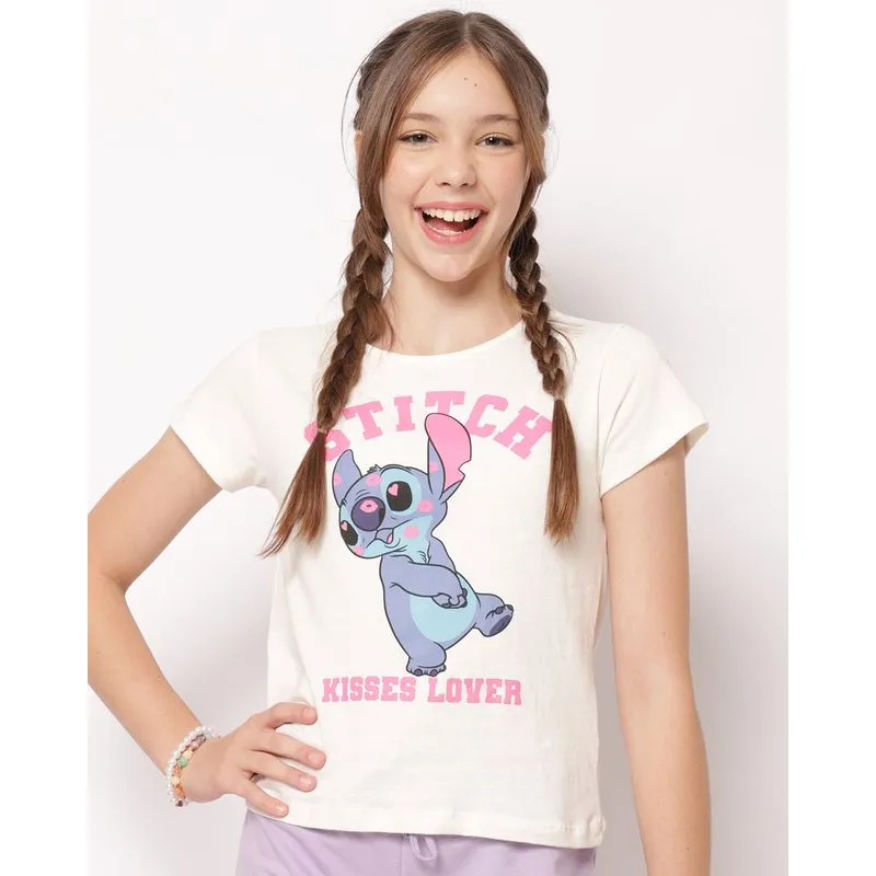 Camiseta Juvenil Algodão Disney Stitch Manga Curta Bege 16