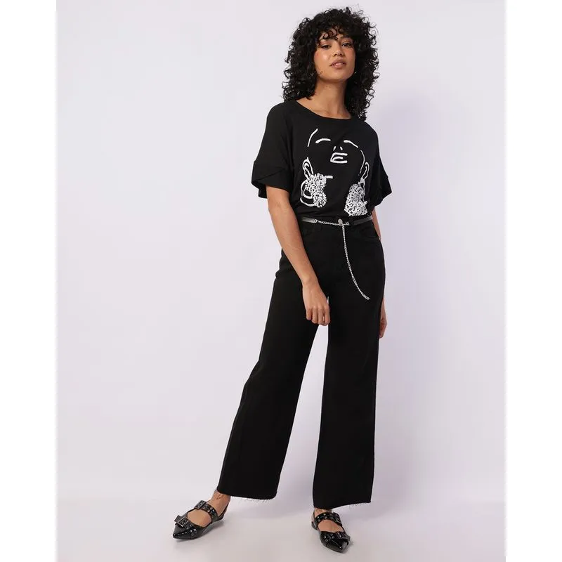 Calça Jeans Feminina Wide Leg com Cinto Preta 36