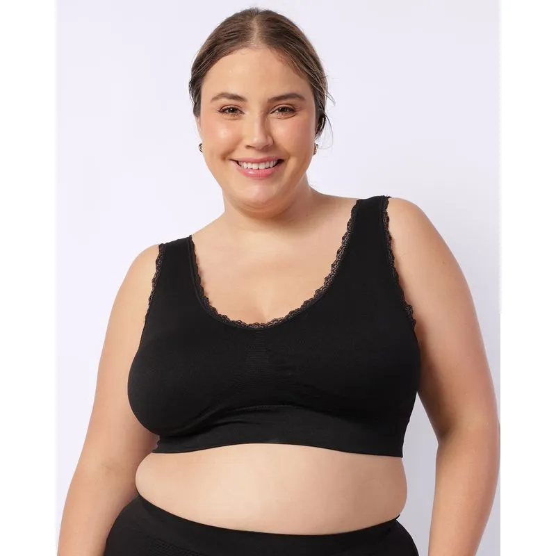 Sutiã Top Plus Size Feminino com Bojo Removível Renda Preto G1