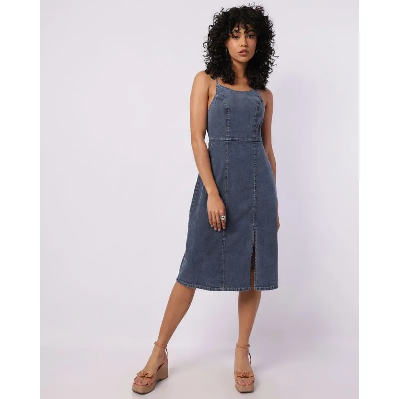 Vestido Feminino Jeans Curto com Fenda Azul GG